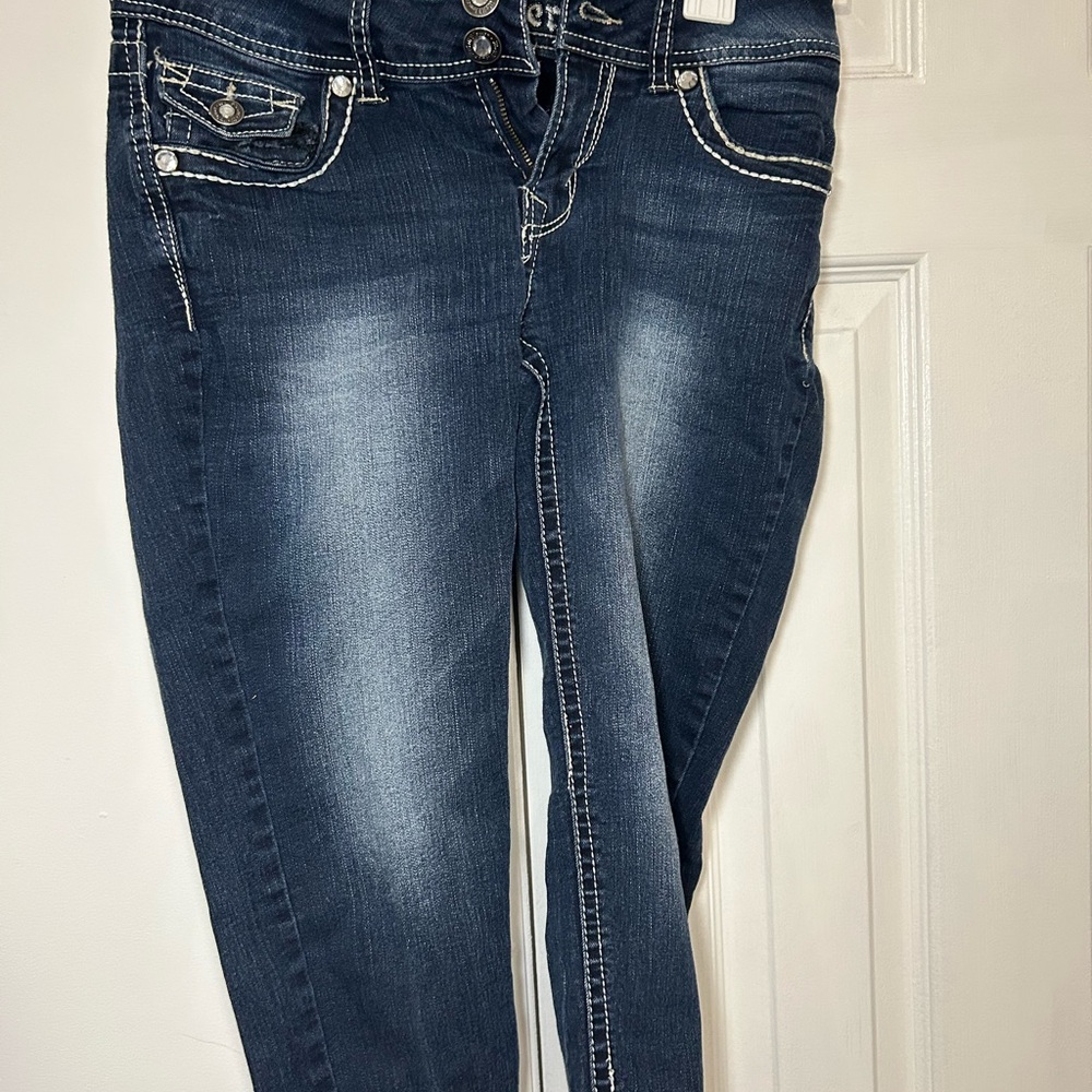 Vintage Wall Flower Size 3 Blue Straight Leg Jeans with Fading Effects & Bling!